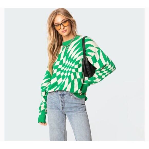 Edikted Women’s XS/S Morphy Oversized Pullover Sweater Crew Neck Green Geo Print - Picture 1 of 10